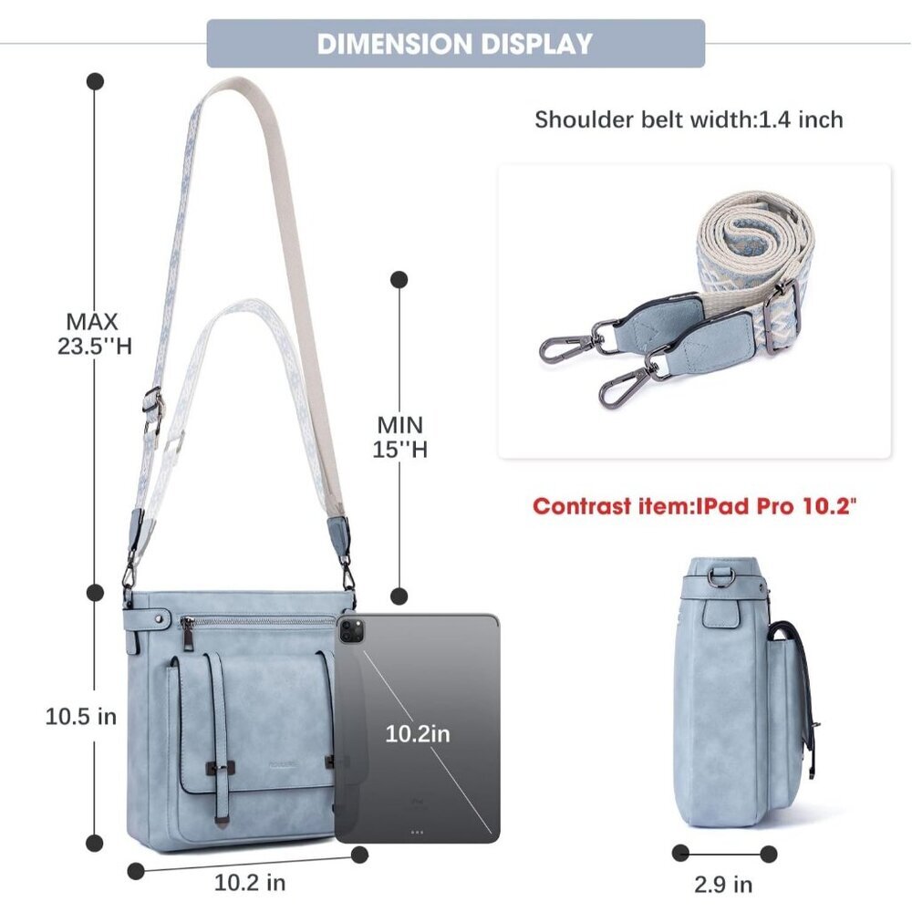 Women’s Sky Blue Leather Purses Multi-Pocket Adjustable Strap Crossbody Bags - Picture 6 of 6